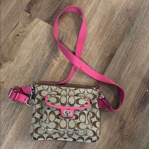 Coach Brown and Pink Crossbody Bag with Signature Monogram